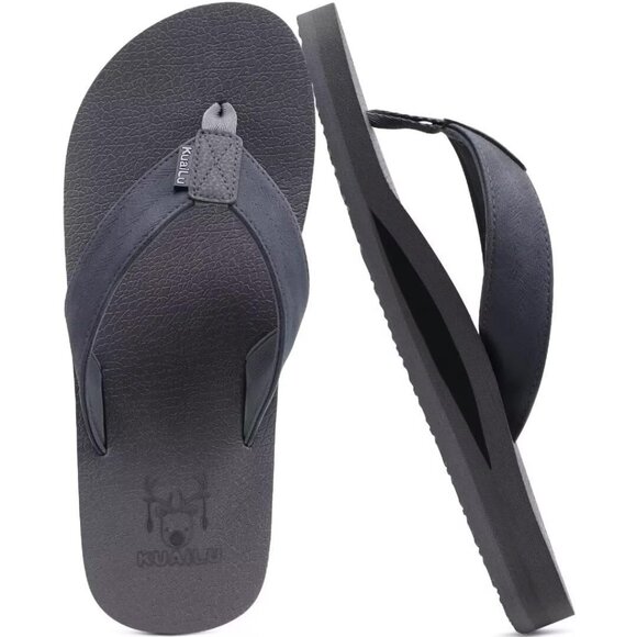 👑Men's Flip Flop Sandal Dark Gray Leather Slip On Arch Support Comfort Shoes